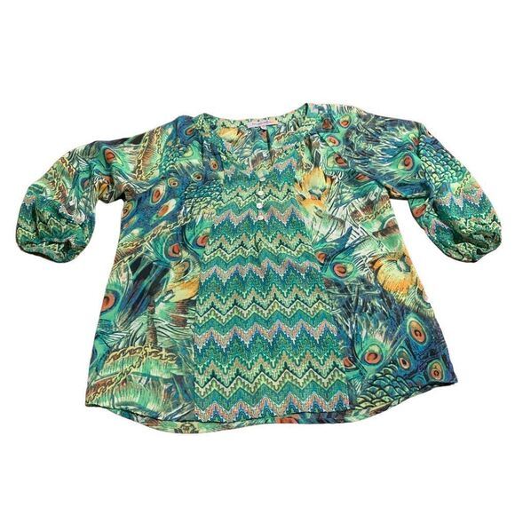 Figueroa&flower Women’s Sheer Peacock Print Boho Flowy Blouse Size Small - Picture 1 of 7